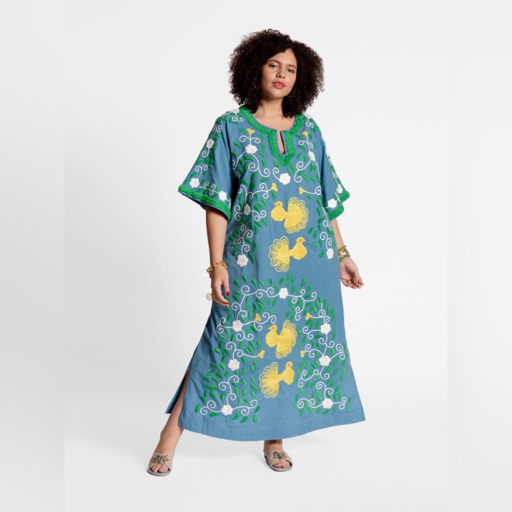 Frances Valentine Blue Maxi Dress with Yellow & Green Embroidery